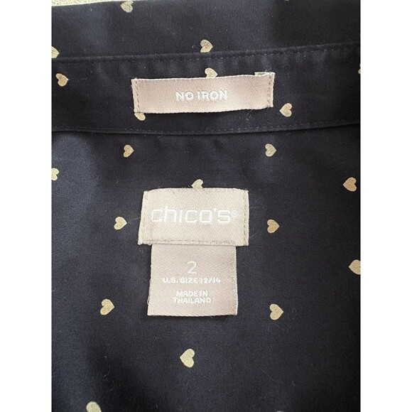 Chico's Black w/ Heart Polka Dots Button Shirt Sz 2 (L/12) No Iron Cotton Womans - Picture 2 of 7